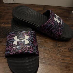 Under Armour Black and Purple Patterned Slides
